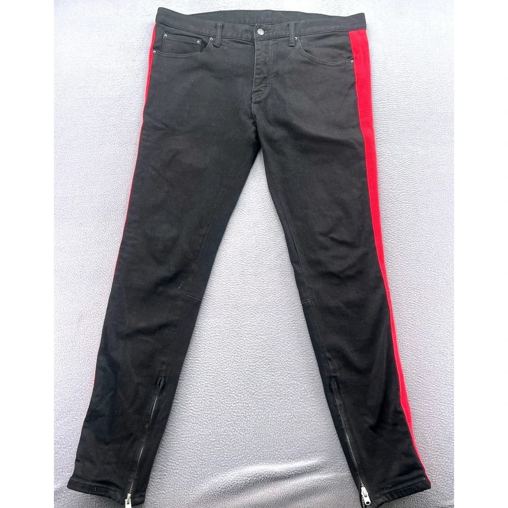 MNML Jeans Mens 38 Black Denim Red Side Stripe Zipper Ankle Slim Fit